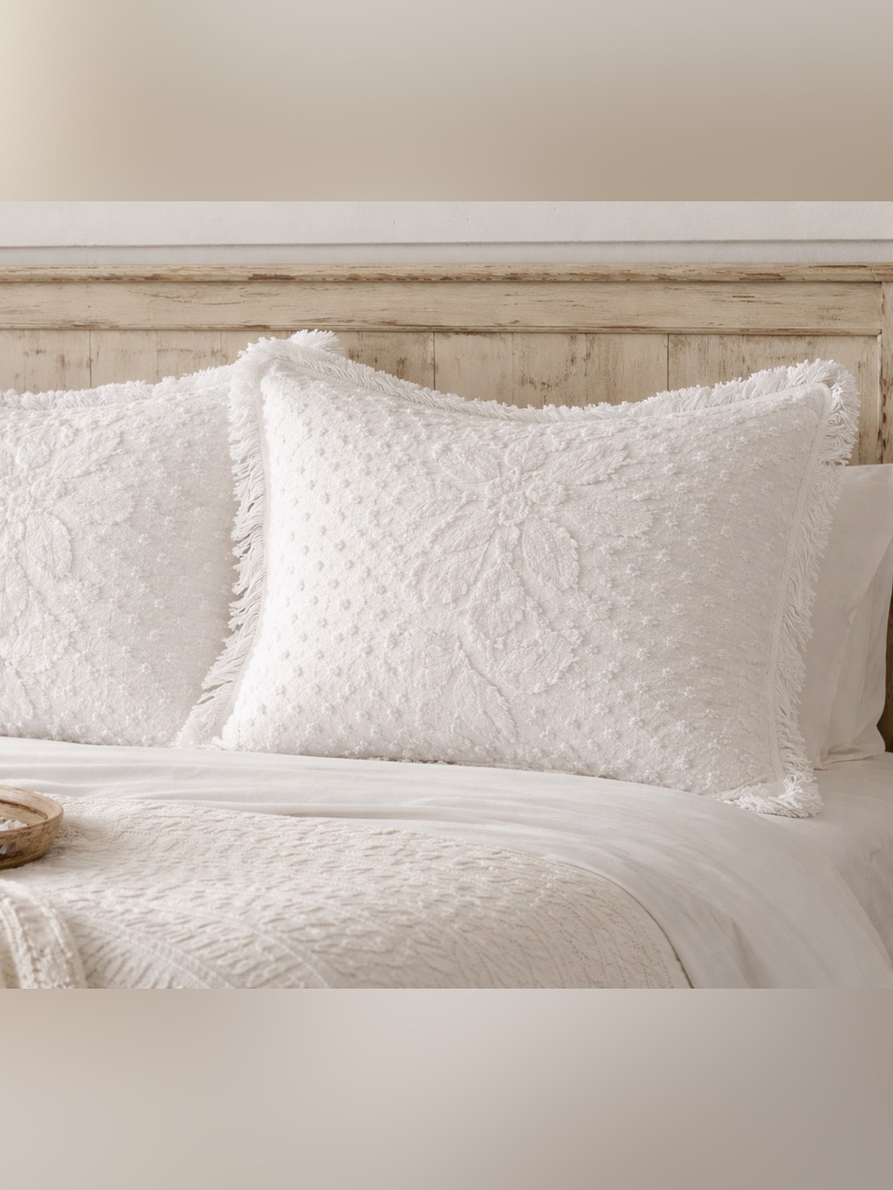 Vintage White Cotton Chenille Pillow Shams Floral Textured Fringe USA (Set of 2)